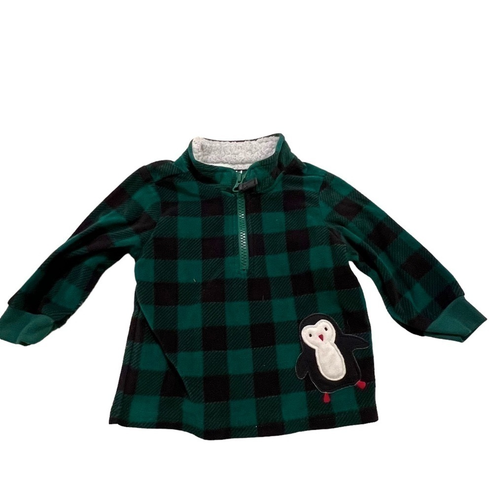 Child of Mine Carter's Baby Quarter Zip Fleece‎ Sweatshirt Green Plaid Penguin